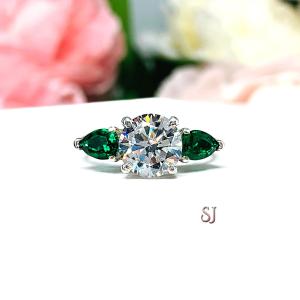 Round-Cut CZ & Lab Emerald Pear 3-Stone Engagement Ring • 8mm Center, Sterling Silver