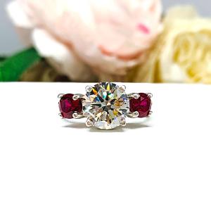 Round-Cut CZ & Lab Ruby 3-Stone Engagement Ring • 6mm—9mm, Sterling Silver