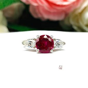 Round-Cut Lab Ruby & Pear-Cut CZ 3-Stone Ring • 8mm Center, Sterling Silver