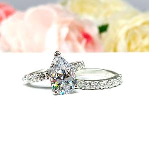 Pear Cubic Zirconia Pave Bridal Ring Set – 9x6mm - 12x8mm, Sterling Silver