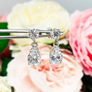 Round & Pear-Cut CZ Dangle Drop Earrings • 5mm, 10x7mm Sterling Silver