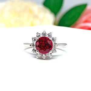 Round-Cut Lab Ruby & CZ Halo Ring • 6.5mm Center, Sterling Silver, Size 6