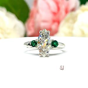 Marquise-Cut CZ & Lab Emerald Engagement Ring • 12x6mm, Sterling Silver, Size 7