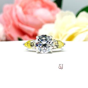 Round-Cut CZ & Canary Yellow Pear 3-Stone Engagement Ring • Sterling Silver, Size 6