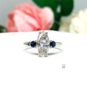 Marquise-Cut CZ & Lab Blue Sapphire 3-Stone Engagement Ring • 12x6mm, Sterling Silver