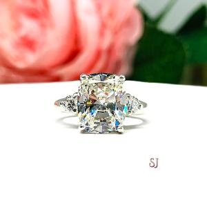 Cushion-Cut CZ 3-Stone Engagement Ring • 10x8mm, Sterling Silver, Size 6.75