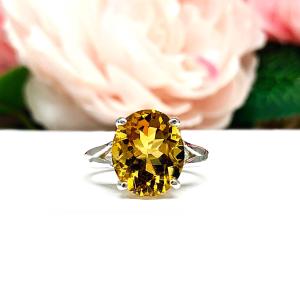 Genuine Golden Citrine Oval Ring – 12x10mm, Sterling Silver