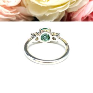 Round Sea Foam Green Moissanite Ring – 9mm, Colorless Accents, Sterling Silver