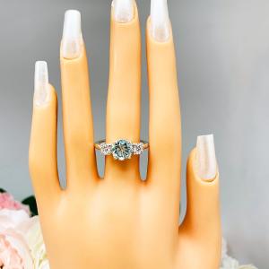 Round Sea Foam Green Moissanite Ring – 9mm, Colorless Accents, Sterling Silver