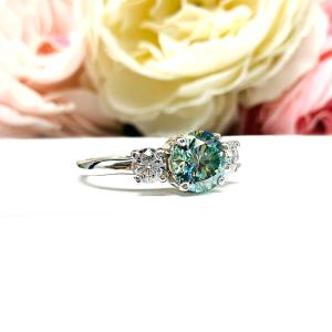 Round Sea Foam Green Moissanite Ring – 9mm, Colorless Accents, Sterling Silver