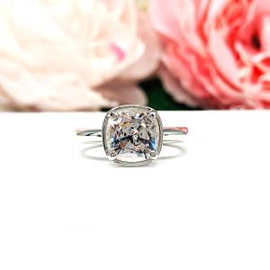 Lab White Sapphire Cushion Bezel Engagement Ring – 8mm, 9mm, Sterling Silver