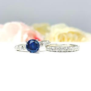 Round-Cut Lab Blue Sapphire & CZ Engagement Ring or Bridal Set • 6.5mm–8mm, Sterling Silver