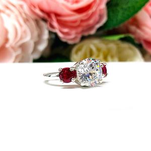 Round-Cut CZ & Lab Ruby 3-Stone Engagement Ring • 6mm—9mm, Sterling Silver