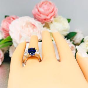 Oval-Cut Lab Blue Sapphire & Half-Moon CZ 3-Stone Ring • 12x8mm, Sterling Silver