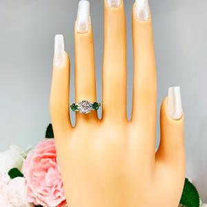 Round-Cut CZ & Lab Emerald 3-Stone Engagement Ring • 6mm—9mm, Sterling Silver