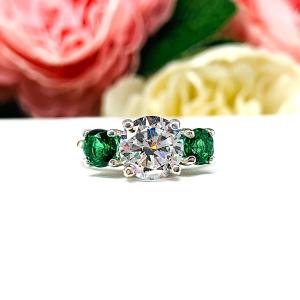 Round-Cut CZ & Lab Emerald 3-Stone Engagement Ring • 6mm—9mm, Sterling Silver