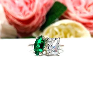 Marquise Emerald & Radiant‑Cut CZ Toi Et Moi Ring • Sterling Silver