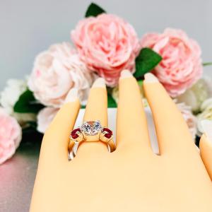 Round-Cut CZ & Lab Ruby 3-Stone Engagement Ring • 6mm—9mm, Sterling Silver