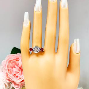 Round-Cut CZ & Lab Ruby 3-Stone Engagement Ring • 6mm—9mm, Sterling Silver