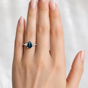 Pear-Cut London Blue Topaz & Moissanite 3-Stone Ring • 10x7mm, 12x8mm, Sterling Silver