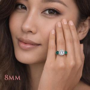 Round-Cut CZ & Lab Emerald 3-Stone Engagement Ring • 6mm—9mm, Sterling Silver