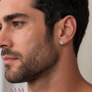 A man wearing 7mm round 3-prong martini moissanite stud earrings. martini three prong moissanite stud earrings. Model image for size and styling reference — not a photo of the actual earrings.