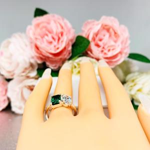 Emerald-Cut Emerald & Oval‑Cut CZ Toi Et Moi Ring • Sterling Silver