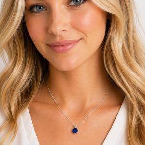 Round-Cut Lab Blue Sapphire Pendant or Necklace • 6mm—10mm, Sterling Silver