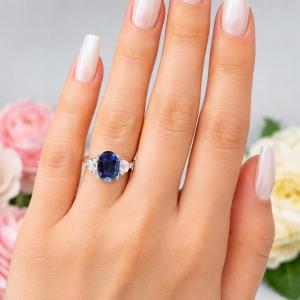 Oval-Cut Lab Blue Sapphire & Half-Moon CZ 3-Stone Ring • 12x8mm, Sterling Silver
