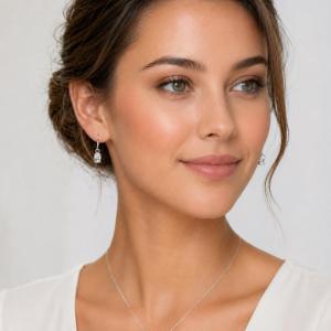Woman wearing colorless oval cz dangle earrings and pendant necklace (sold separately). Model image for size and styling reference — not a photo of the actual earrings.