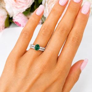 Oval-Cut Lab Emerald & CZ Engagement Ring or Bridal Set • 8x6mm—9x7mm, Sterling Silver