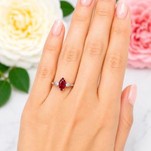 Marquise-Cut Lab Ruby & CZ 3-Stone Ring • 10x5mm—14x7mm, Sterling Silver