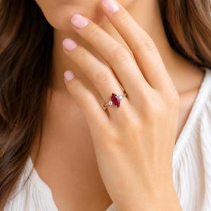 Marquise-Cut Lab Ruby & CZ 3-Stone Ring • 10x5mm—14x7mm, Sterling Silver