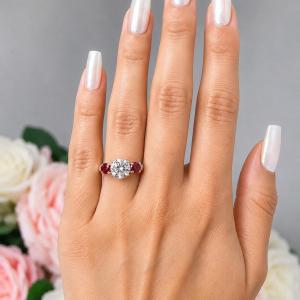 Round-Cut CZ & Lab Ruby 3-Stone Engagement Ring • 6mm—9mm, Sterling Silver