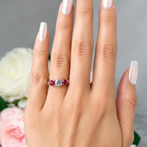 Round-Cut CZ & Lab Ruby 3-Stone Engagement Ring • 6mm—9mm, Sterling Silver