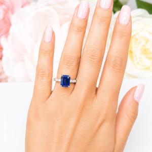 Emerald-Cut Lab Blue Sapphire & CZ Engagement Ring or Bridal Set • 8x6mm—12x10mm, Sterling Silver
