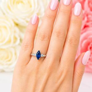 Marquise-Cut Lab Blue Sapphire & CZ 3-Stone Ring • 10x5mm—14x7mm, Sterling Silver