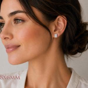A woman wearing silver stud earrings with 8x6mm "crushed ice" rectangular radiant cut clear cubic zirconia stones. Model image for size and styling reference — not a photo of the actual earrings.