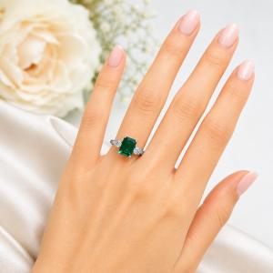 Emerald‑Cut Lab Emerald & CZ 3‑Stone Ring • 9x7mm, Sterling Silver