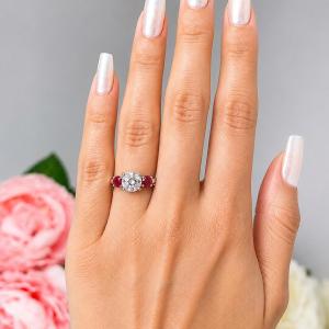 Round-Cut CZ & Lab Ruby 3-Stone Engagement Ring • 6mm—9mm, Sterling Silver