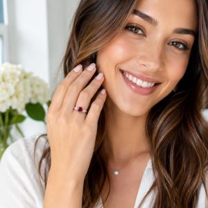 Round-Cut Lab Ruby & Pear-Cut CZ 3-Stone Ring • 8mm Center, Sterling Silver