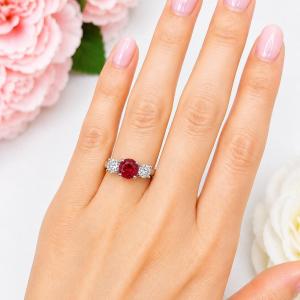 Round-Cut Lab Ruby & CZ 3-Stone Ring • 6mm—9mm, Sterling Silver