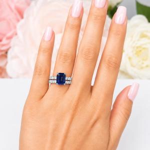 Emerald-Cut Lab Blue Sapphire & CZ Engagement Ring or Bridal Set • 8x6mm—12x10mm, Sterling Silver