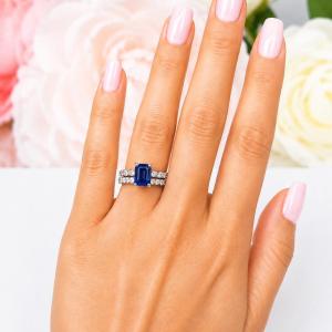 Emerald-Cut Lab Blue Sapphire & CZ Engagement Ring or Bridal Set • 8x6mm—12x10mm, Sterling Silver