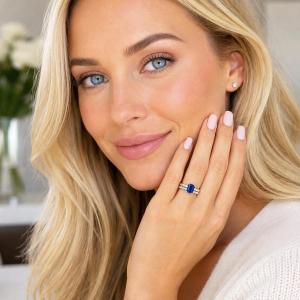 Emerald-Cut Lab Blue Sapphire & CZ Engagement Ring or Bridal Set • 8x6mm—12x10mm, Sterling Silver