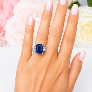 Emerald-Cut Lab Blue Sapphire & CZ Engagement Ring or Bridal Set • 8x6mm—12x10mm, Sterling Silver
