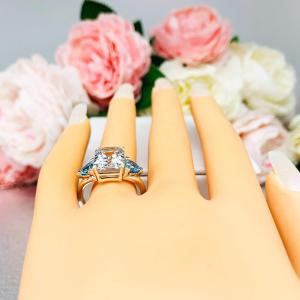 Emerald‑Cut Lab White Sapphire & Swiss Blue Topaz 3‑Stone Ring • 11x9mm, Sterling Silver