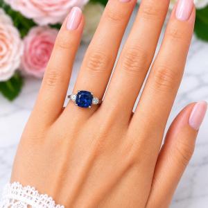 Cushion-Cut Lab Blue Sapphire & 3-Stone CZ Ring – 9mm, Sterling Silver