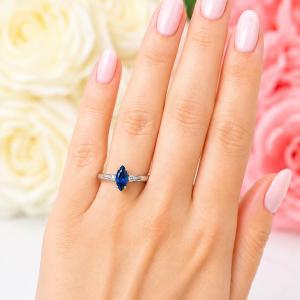 Marquise-Cut Lab Blue Sapphire & CZ 3-Stone Ring • 10x5mm—14x7mm, Sterling Silver