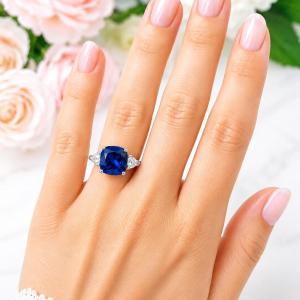 Cushion-Cut Lab Blue Sapphire & Trillion-Cut CZ Ring • 8mm—10mm, Sterling Silver